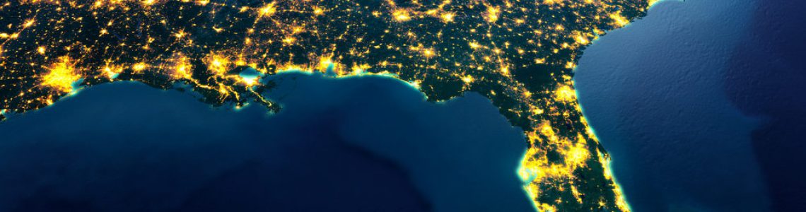 Detailed Earth. North America. USA. Gulf of Mexico and Florida on a moonlit night